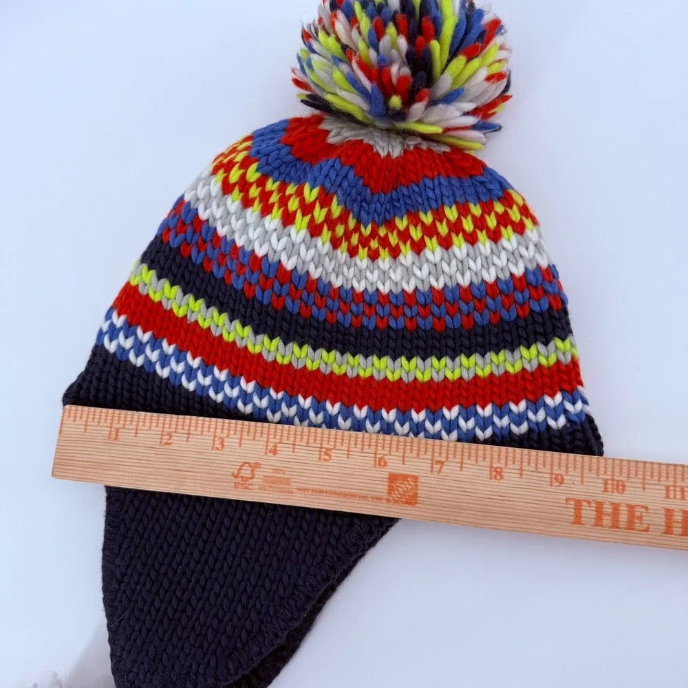 LL Bean Kids Navy Blue Striped Knit Trapper Hat Pom Pom Fleece Lined Small / Med